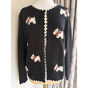 VTG Talbots Scottie Dog Cardigan Sweater Black Novelty Knit Womens Size XL